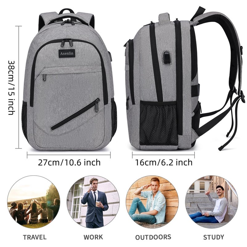 Asenlin Travel Laptop Backpack for Women & Men,Water Resistant Business Slim Sturdy Laptops Backpack with USB Charging Port,Fits 15.6 Inch Notebook College School Computer Bag-Grey - Image 2