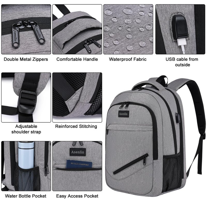 Asenlin Travel Laptop Backpack for Women & Men,Water Resistant Business Slim Sturdy Laptops Backpack with USB Charging Port,Fits 15.6 Inch Notebook College School Computer Bag-Grey - Image 4