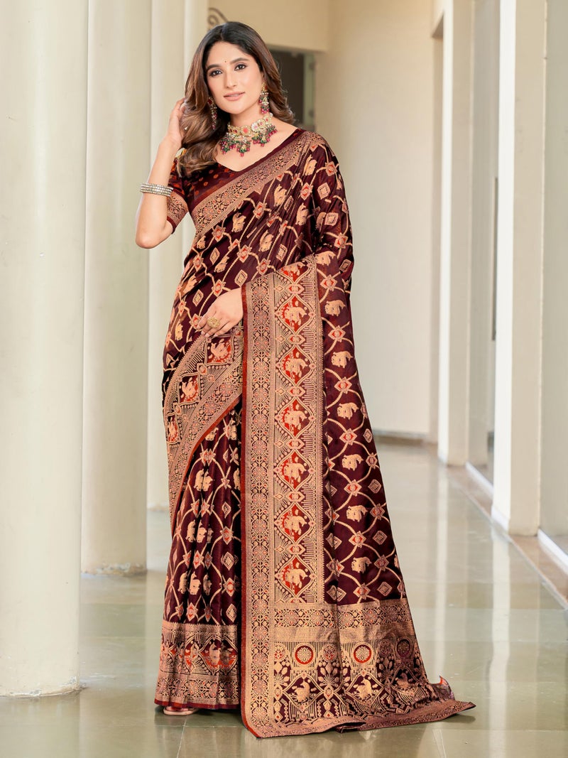 Glory Sarees جلوري ساريز - ساري قنجيفارام ناعم من الحرير الساتان الأصلي للنساء بتصميم زفاف أنيق مع قطعة بلوزة (ساتان سيلك102_مارون) - Image 2
