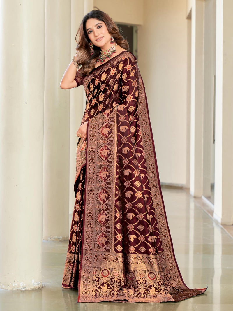 Glory Sarees جلوري ساريز - ساري قنجيفارام ناعم من الحرير الساتان الأصلي للنساء بتصميم زفاف أنيق مع قطعة بلوزة (ساتان سيلك102_مارون) - Image 3
