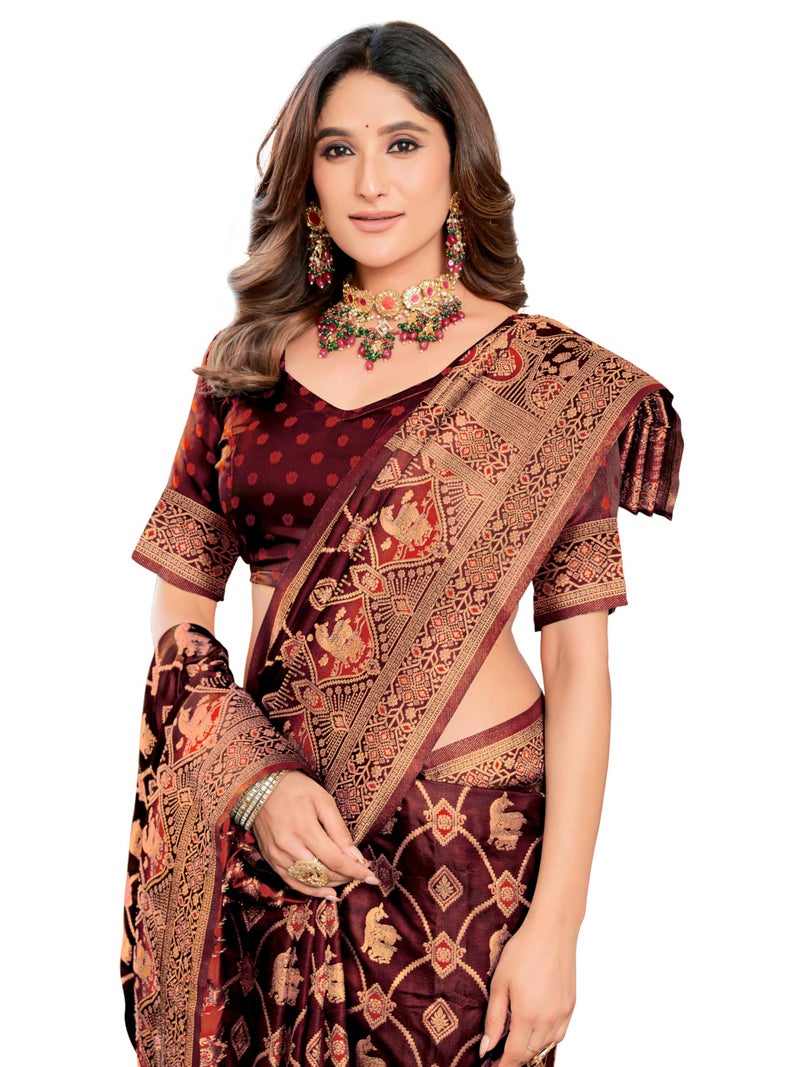 Glory Sarees جلوري ساريز - ساري قنجيفارام ناعم من الحرير الساتان الأصلي للنساء بتصميم زفاف أنيق مع قطعة بلوزة (ساتان سيلك102_مارون) - Image 1