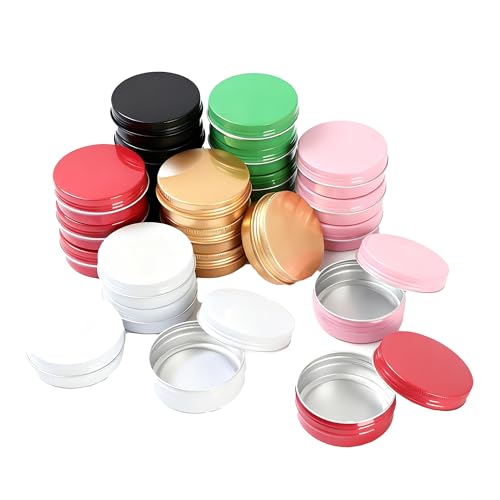 LJY 24 Pieces Multi-Colored Round Aluminum Cans Screw Lid Metal Tins Jars Empty Slip Slide Containers(2 oz) for Lotion Bars,Toiletries,Creams,Samples,Makeup Cosmetic,Spices,Salve,Balms,Beard Balm - Image 1