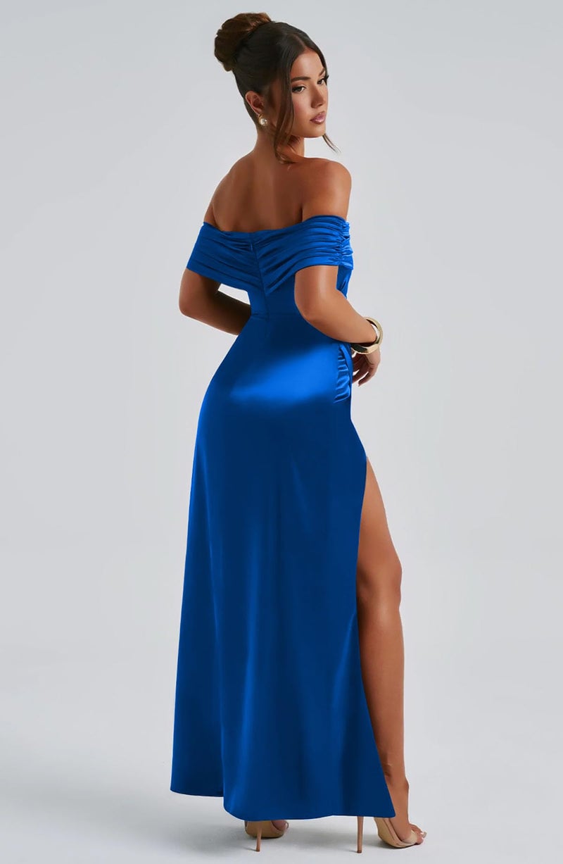 Memoriesea Women's Elegant Off Shoulder High Split Bodycon Evening Wedding Maxi Dress Deep Blue - Image 5