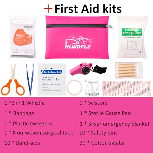 HLWDFLZ طقم الطوارئ على جانب الطريق HLWDFLZ - طقم المساعدة الطارئة باللون الوردي مع كابلات قفز، مجموعة أدوات السيارات، صفارات الغزلان، طقم السلامة على جانب الطريق لفتيات المراهقات والسيدات - Image 5