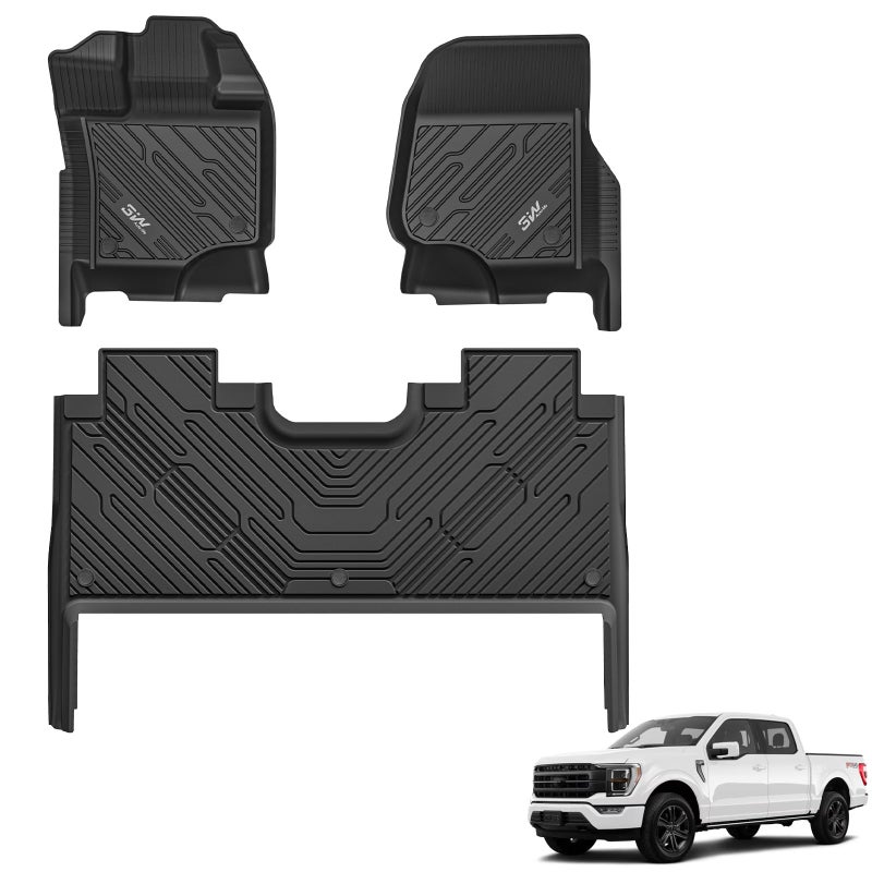3W Floor Mats Fit for 2015-2025 2026 Ford F150 / F-150 Lightning SuperCrew Cab, TPE All Weather Heavy Duty Floor Liner Custom Fit Accessories Car Liners (with Original Folding Under-Seat Storage Box) - Image 1