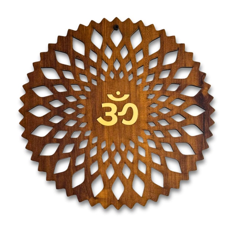 Gloridec Wooden Om Wall Hanging | 12x12 inch Spiritual Wall Art with Golden Om Symbol | Engineered Wood Art for Home, Office & Temple Décor | Traditional Hindu Gift Item - Image 1