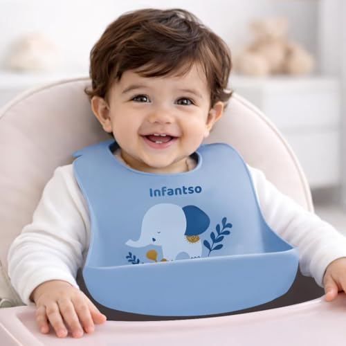 Infantso Silicone Ultra Light Waterproof Baby Bib for Feeding & Weaning Babies & Toddlers with Food Cather Pocket, Washable, Reusable, Non Messy Easy Cleaning, No Odour, Adjustable Button Neckline - Image 1