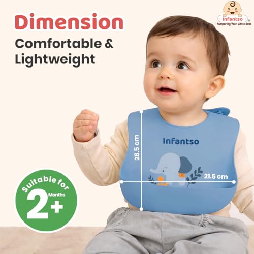 Infantso Silicone Ultra Light Waterproof Baby Bib for Feeding & Weaning Babies & Toddlers with Food Cather Pocket, Washable, Reusable, Non Messy Easy Cleaning, No Odour, Adjustable Button Neckline - Image 3