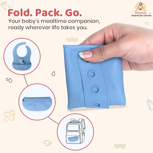 Infantso Silicone Ultra Light Waterproof Baby Bib for Feeding & Weaning Babies & Toddlers with Food Cather Pocket, Washable, Reusable, Non Messy Easy Cleaning, No Odour, Adjustable Button Neckline - Image 5