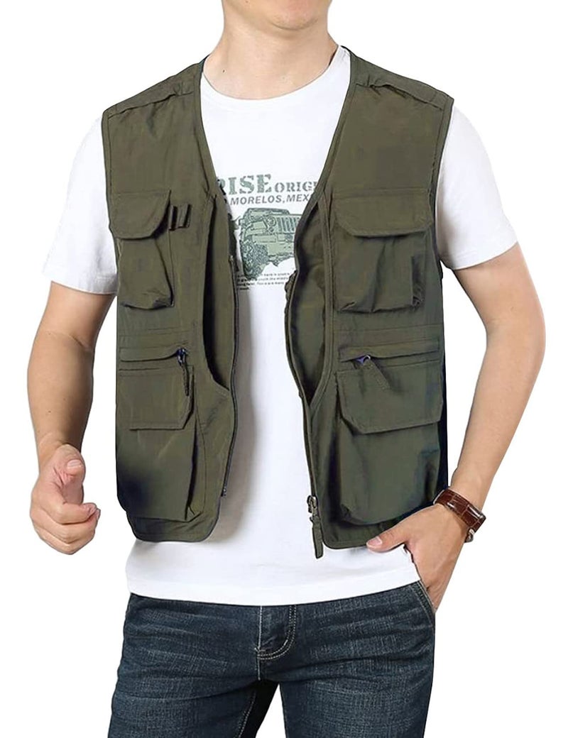 Flygo Men's Utility Cargo Vest Outdoor Summer Work Photo Fishing Safari Travel Vest with Pockets(01ArmyGreen-L) - Image 4