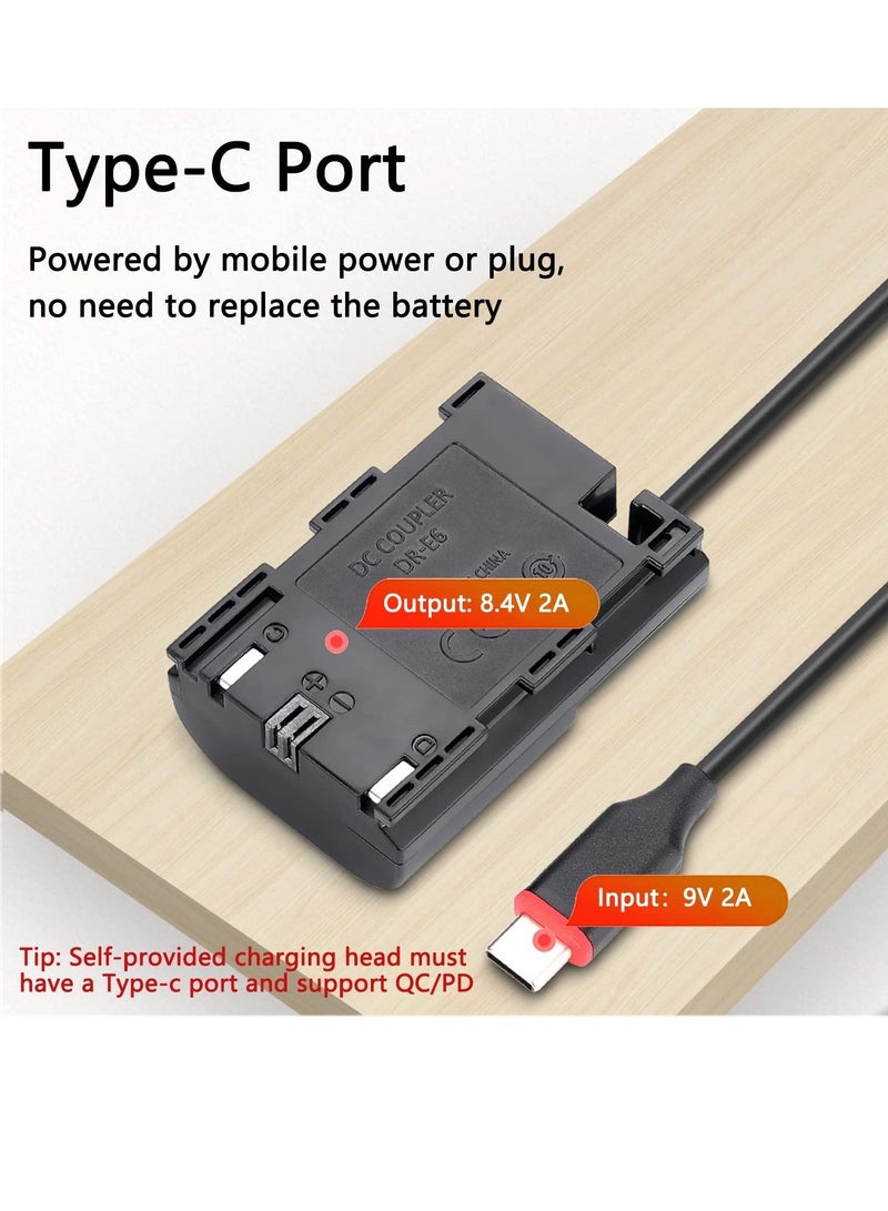 Captaintech LP-E6 Dummy Battery Decoded, LP-E6 Battery, Replacement with Type-C Spring Power Adapter Cable for Canon EOS R R5 R5C R6 90D 80D 70D 60D 60Da 5D - Image 3