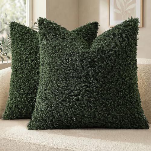 decorUhome Pack of 2 Throw Pillow Covers 18x18 Inch Faux Fur Decorative Sherpa Pillow Covers Fuzzy Accent Soft Sheepskin Fleece Pillow Cases for Couch Living Room Bed Olive Green - Image 1