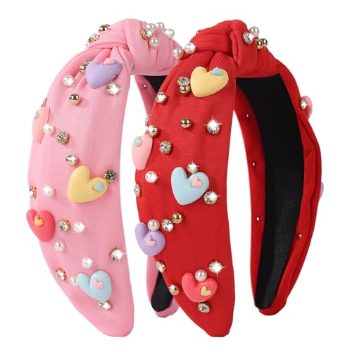 winthrop 2 Pack Valentines Day Headband for Women Rhinestone Crystal Jeweled Love Heart Embellished Ladies Wide Top Knot Pink Red Makeup Hair Hoop Accessory Holiday Party Costume Decor Prezzie - Image 1