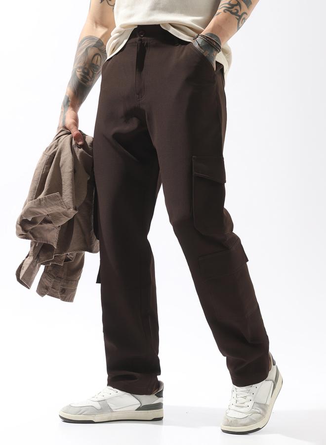 HIGH STAR Brown Trousers Solid Button Woven Full Cargo Mid-Rise for Men – Style that defines you - Image 2