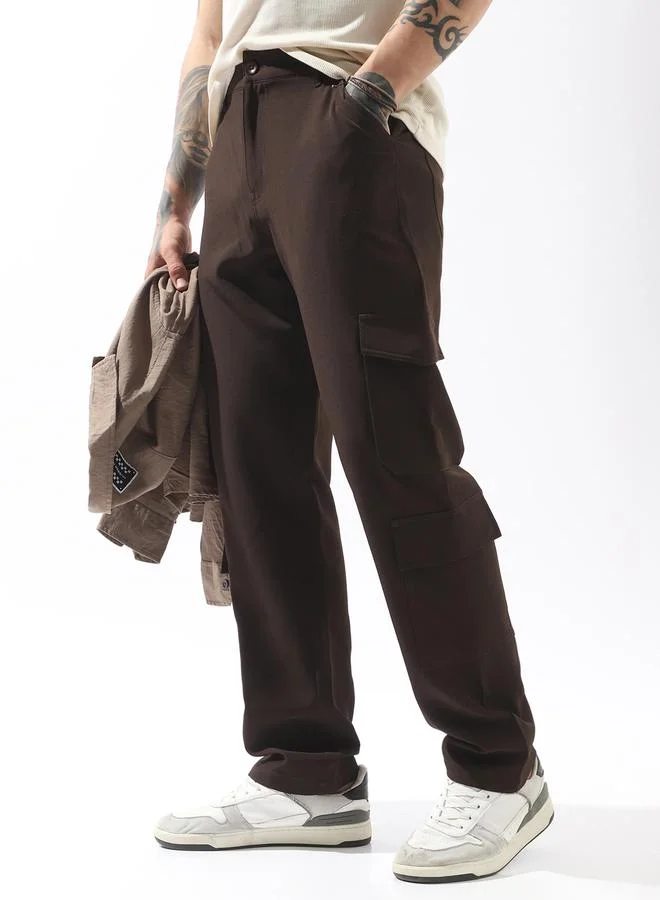 HIGH STAR Brown Trousers Solid Button Woven Full Cargo Mid-Rise for Men – Style that defines you