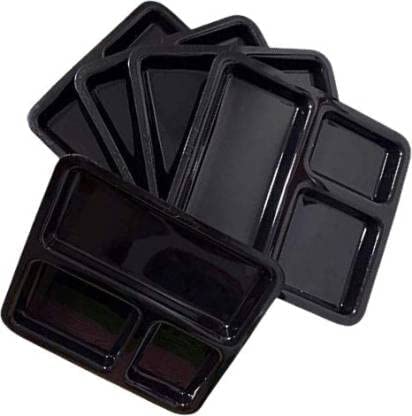 AWICKTIK Unbreakable FoodGrade Plastic 3 in 1 Compartments Pav Bhaji Plate Dinner Plates Serving Plates Set of 3 Microwave Safe Black - Image 2