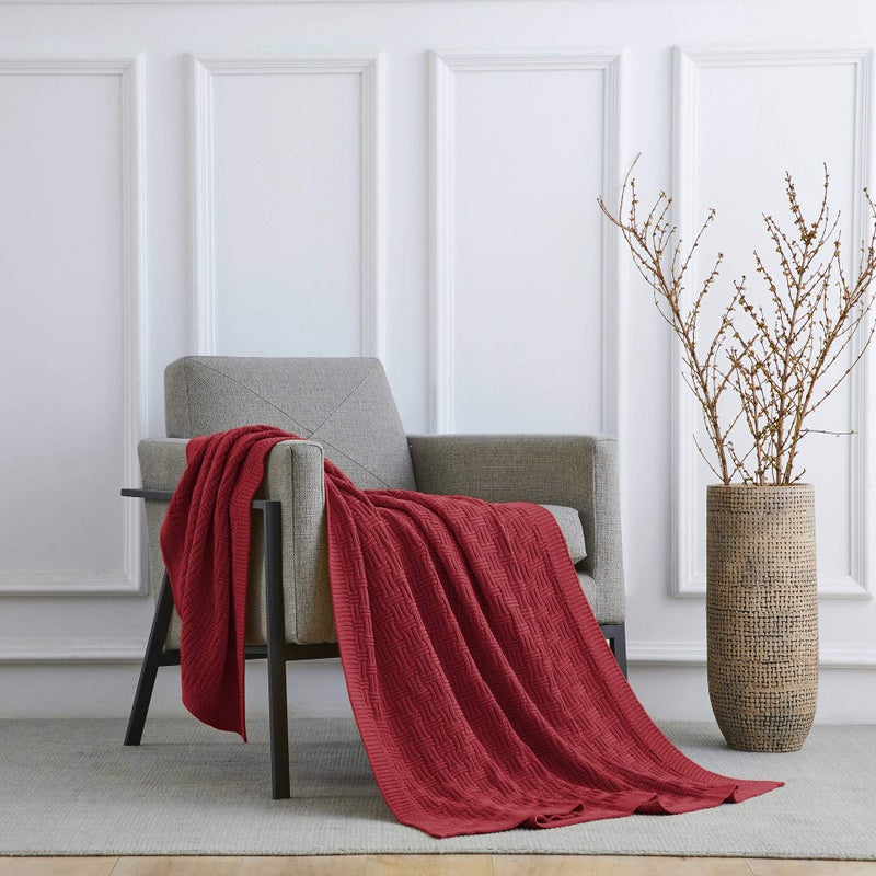 Longhui bedding Cotton Red Knit Throw Blanket for Couch Sofa Beach Chair Bed Home Decorative Soft Warm Cozy Cable Lightweight Knitted Blankets, 50 x 60 Inch - Image 2