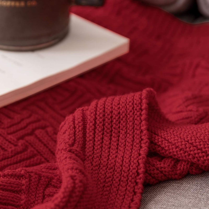 Longhui bedding Cotton Red Knit Throw Blanket for Couch Sofa Beach Chair Bed Home Decorative Soft Warm Cozy Cable Lightweight Knitted Blankets, 50 x 60 Inch - Image 4