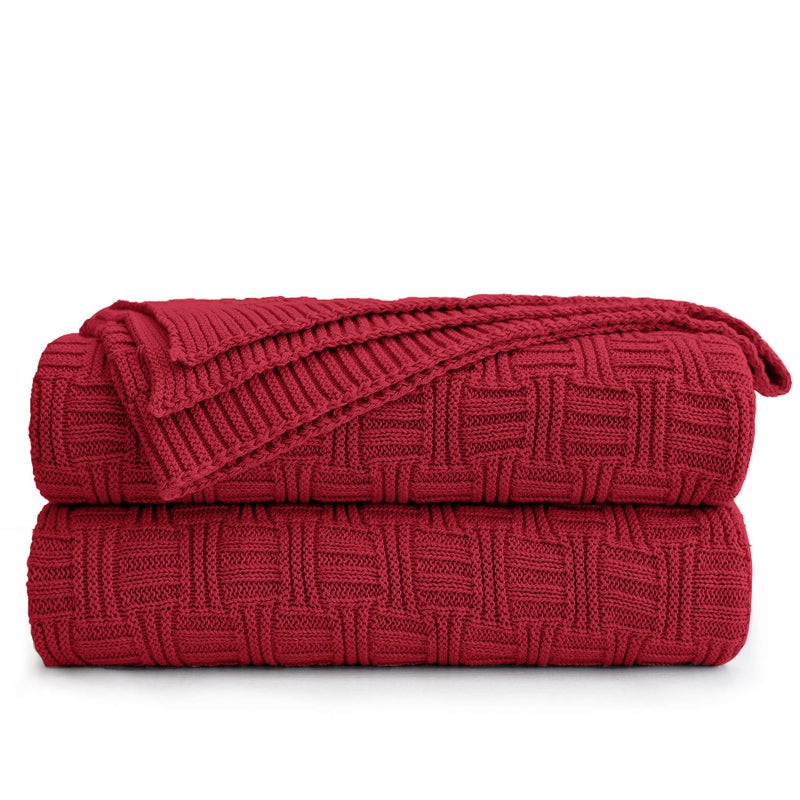Longhui bedding Cotton Red Knit Throw Blanket for Couch Sofa Beach Chair Bed Home Decorative Soft Warm Cozy Cable Lightweight Knitted Blankets, 50 x 60 Inch - Image 1