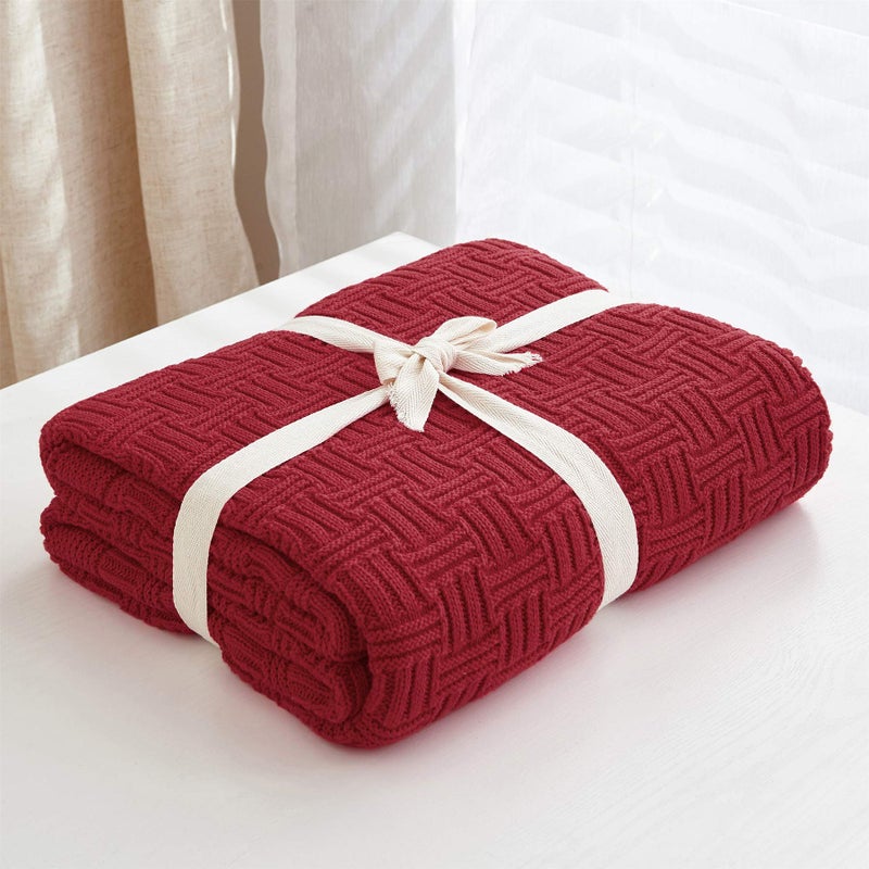 Longhui bedding Cotton Red Knit Throw Blanket for Couch Sofa Beach Chair Bed Home Decorative Soft Warm Cozy Cable Lightweight Knitted Blankets, 50 x 60 Inch - Image 3