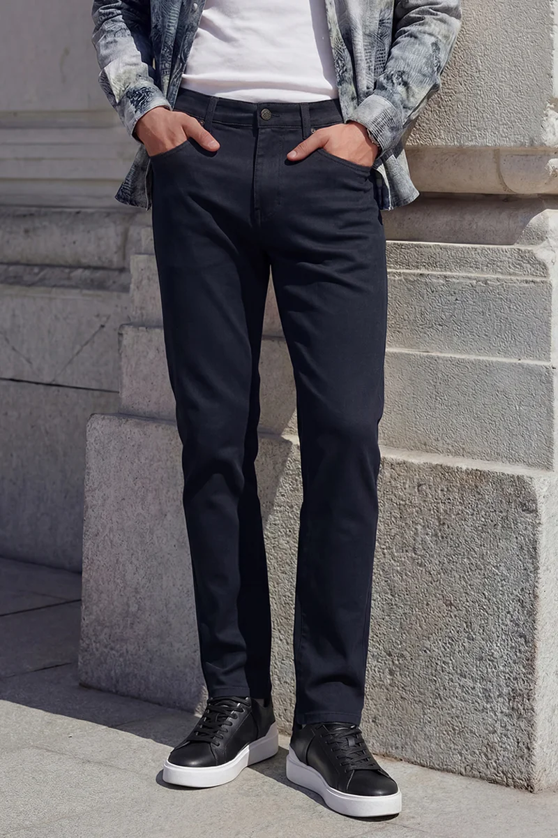 SNITCH Navy Blue Solid Regular Fit Casual Trousers