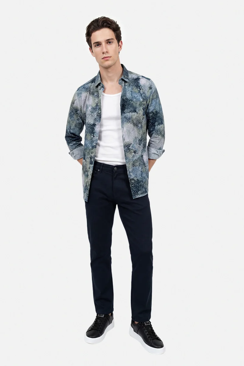SNITCH Navy Blue Solid Regular Fit Casual Trousers