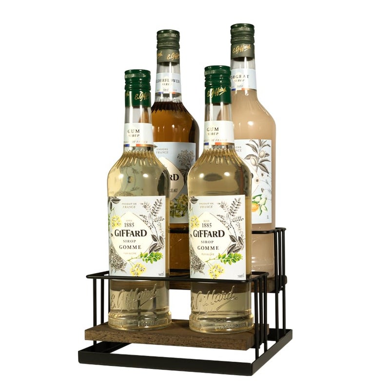 J JACKCUBE DESIGN Coffee Syrup Bottle Holder Rack Rustic Wood and Black Metal Wire 2 Tier 4 Syrup Wine Dressing Bottle Countertop Display Storage Stand for Kitchen Coffee Bar MK816E