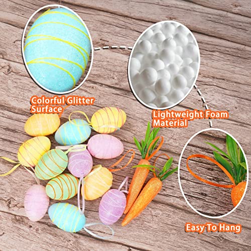 YBB 24 PCS Easter Egg Carrot Ornament, Foam Glittering Hanging Eggs Carrots for Easter Party Supplies Tree Decoration - Image 3