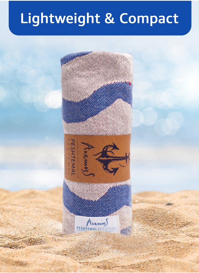 Anemoss - ANEMOSS Wave Patterned Turkish Peshtemal, 100% Cotton, Free of Microfiber, Synthetic and Polyester, Soft, Quick Dry, Versatile Beach, Pool and Bath Peshtemal, for Kids and Adults, 39x70 in, 100x180 cm - Image 1