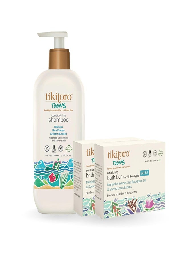Tikitoro Teens Shampoo with Bath Bar Combo Pack of 2 | 100% Vegan, Conditions Hair and Scalp | Nourishes and Moisturizes Skin (11-16 Years) (300ml x 1 and 75g x 2) - Image 1