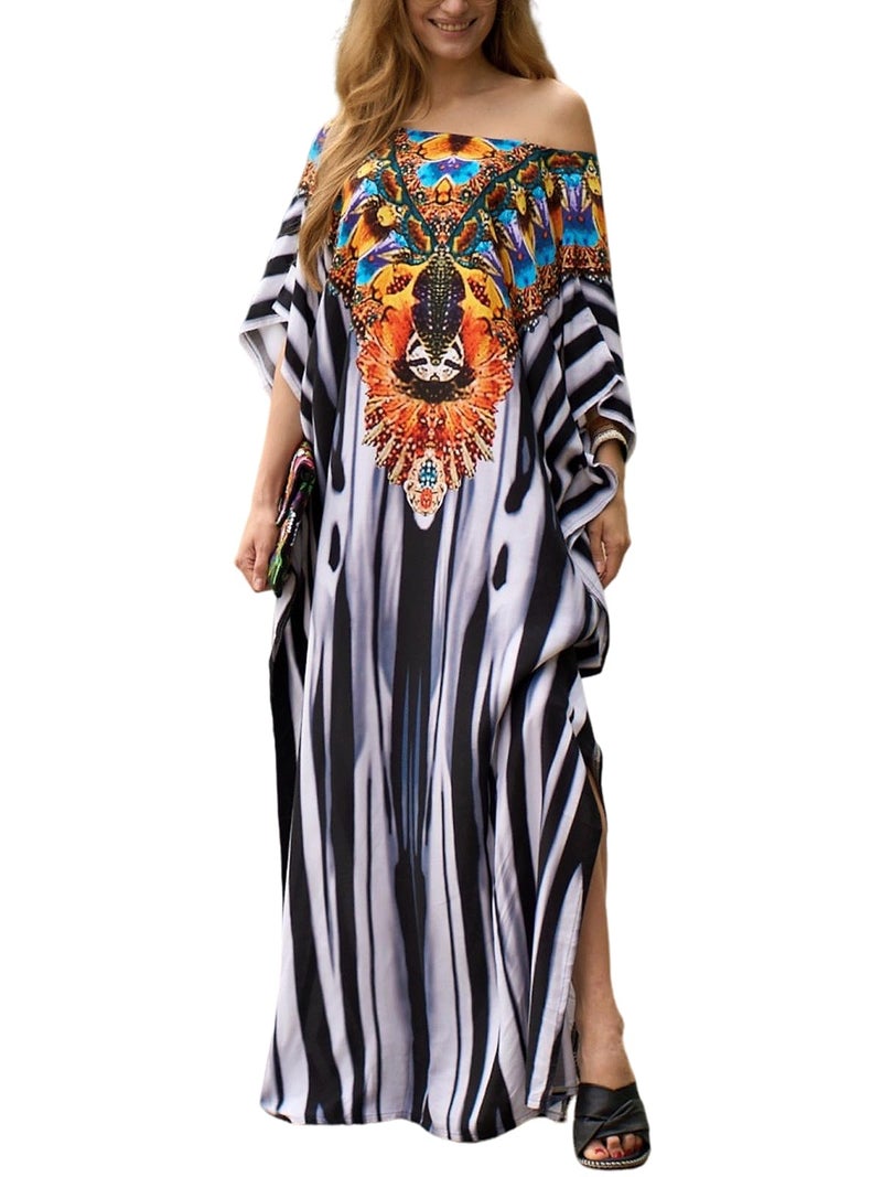 IMAGEKOPE Women's Plus Size Moroccan Print V-Neck Batwing Kaftan Loose Fit Beach Dress Bathing Suit Cover Up - Image 1