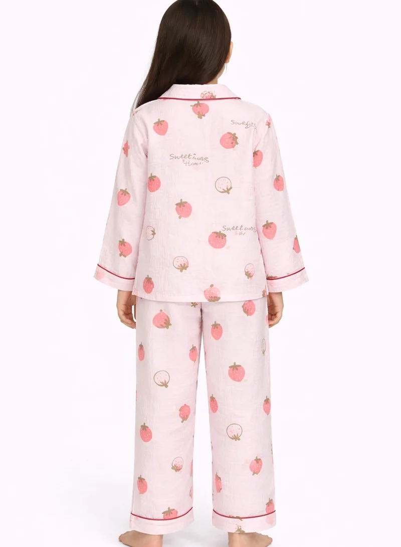 victor and jane Girls 100% Cotton Muslin Strawberry Print Pyjama Set