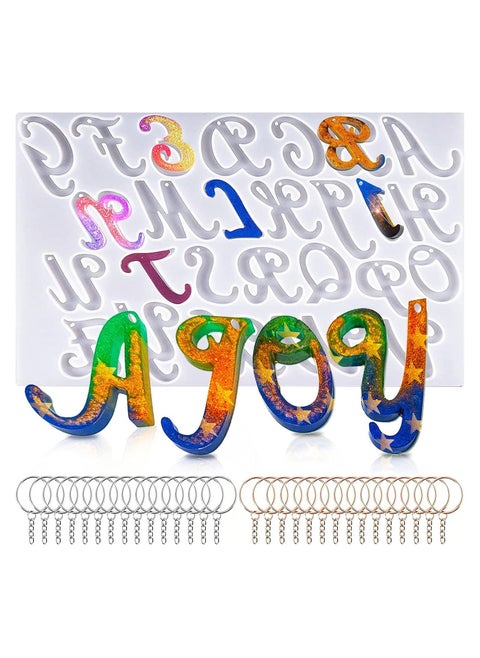 Large Alphabet Mold for Resin, Reversed Resin Keychain Letter Molds with Hole, Alphabet Molds for Resin with 30 Jump Rings, 30 Key Rings, Resin Silicone Mold for for Keychain Making
