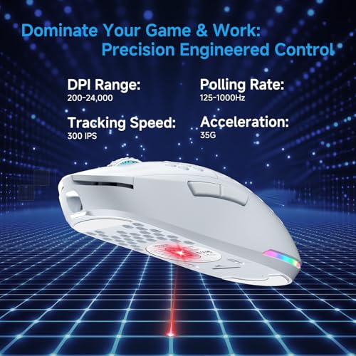 TMKB Technology Mechanical KeyBoard TMKB Falcon M1 Wireless Gaming Mouse 24000DPI Optical Sensor 180Hrs Battery Lightweight 6 Programmable Buttons RGB Strip 24GBT52USBC Wired for PCMacLaptop Matte White - Image 3