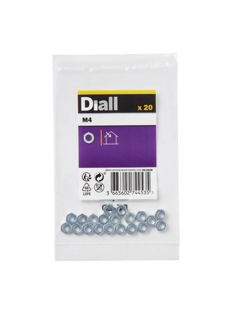 ACE Diall Zinc-Plated Carbon Steel Hex Nut Pack M4 20Pcs 