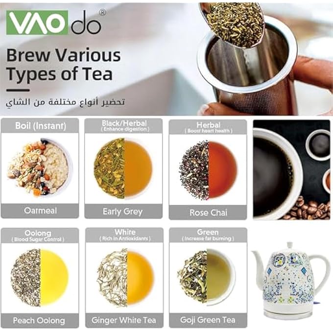VAOdo Ceramic Electric Kettle Electric Tea Pot With Detachable Swivel Base 15L1000W Boil Water Quickly Easily With BoilDry Protection Auto Shut Off - Image 3