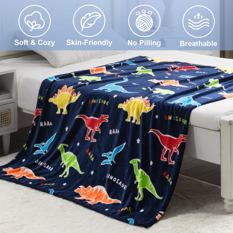 Levens Dinosaur Gifts Toys for Boys Girls - Glow in The Dark Dino Blanket Best Christmas Birthday Valentines Easter Presents for Kids Age 1 2 3 4 5 6 7 8 9 10 Year Old Child Teen Toddler Soft Throw 50"x60" - Image 3