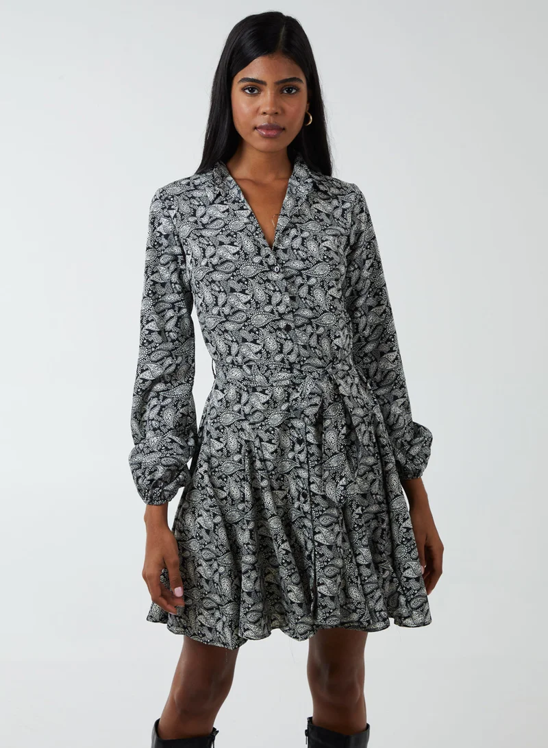 Blue Vanilla Paisley Shirt Mini Dress With Godet Hem &amp; Tie