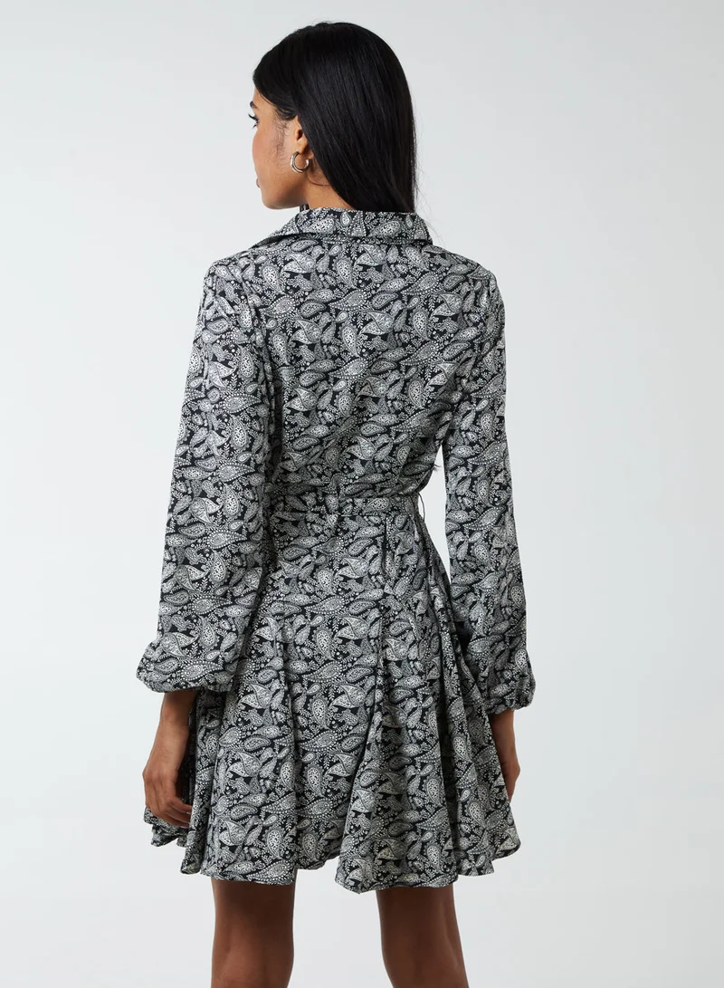 Blue Vanilla Paisley Shirt Mini Dress With Godet Hem &amp; Tie