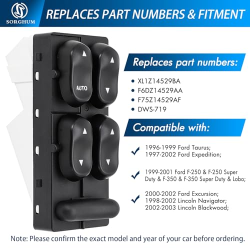 Sorghum Power Window Switch Driver Side - Master Window Switch Compatible with 1996-2003 Ford F-250 F-350 Taurus Expedition Lincoln Blackwood Navigator 7+7 Pins Replace# XL1Z14529BA F6DZ14529AA - Image 4