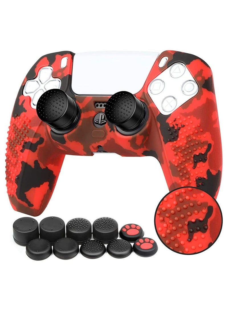 CMGTYYD ملحقات غلاف سيليكون لمقابض وحدة التحكم اللاسلكية PS5 مع غطاء حماية من الغبار سيليكون مانع للانزلاق، غلاف مقبض PS5 × 1، مع مقبض إبهام × 10 (تمويه أحمر) - Image 1