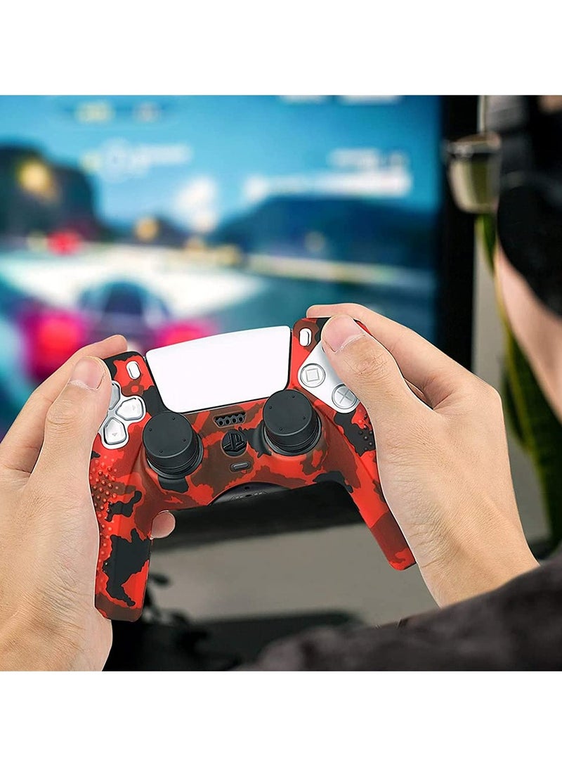 CMGTYYD ملحقات غلاف سيليكون لمقابض وحدة التحكم اللاسلكية PS5 مع غطاء حماية من الغبار سيليكون مانع للانزلاق، غلاف مقبض PS5 × 1، مع مقبض إبهام × 10 (تمويه أحمر) - Image 3
