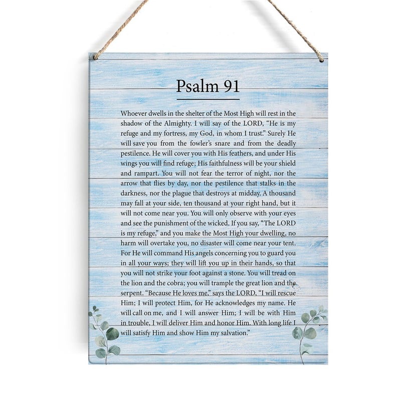 GUDIAO Inspirational Bible Verse Signs Wall Decor Religious Psalm 91 Wall Art Wood Plaque Print Scripture Wooden Hanging Sign Decoration for Living Room Home Door 8"" x 10"" - Image 1