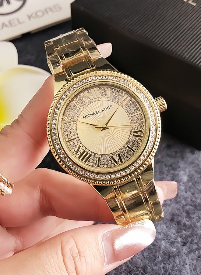 مايكل كورس كلاسيكي للرجال والنساء الموضة متعددة الوظائف سبيكة جولة الكوارتز ساعة الفولاذ المقاوم للصدأ حزام 37 سم