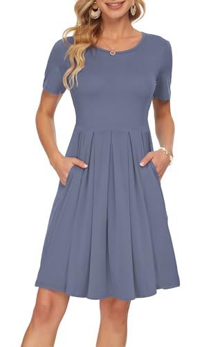AUSELILY Women's Short Sleeve Summer Dress Pleated Loose Swing Knee Length Dresses with Pockets 2026 New Purple Gray M - Image 1
