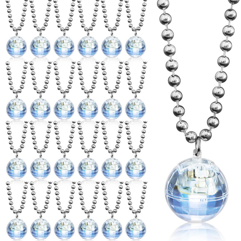 Henoyso 24 Pcs LED Disco Ball Necklaces Light up Mardi Gras Beads Necklaces 70s Disco Necklace Disco Party Favors Costume Necklaces for Stage Props Bachelorette Birthday(Silver, White Light) - Image 1