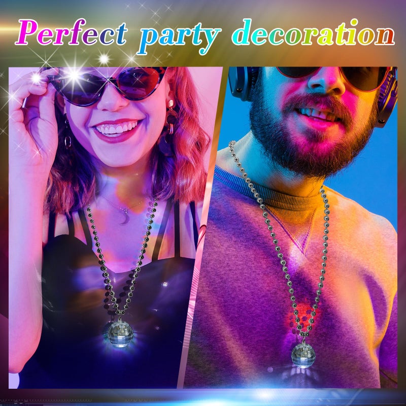 Henoyso 24 Pcs LED Disco Ball Necklaces Light up Mardi Gras Beads Necklaces 70s Disco Necklace Disco Party Favors Costume Necklaces for Stage Props Bachelorette Birthday(Silver, White Light) - Image 4
