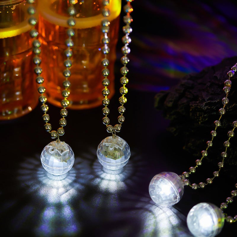 Henoyso 24 Pcs LED Disco Ball Necklaces Light up Mardi Gras Beads Necklaces 70s Disco Necklace Disco Party Favors Costume Necklaces for Stage Props Bachelorette Birthday(Silver, White Light) - Image 2