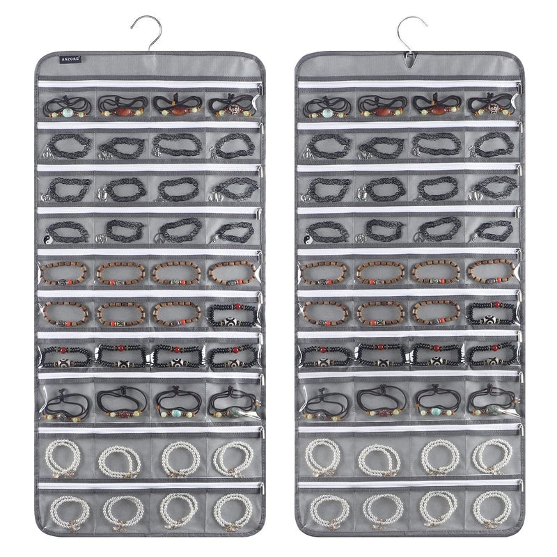 ANZORG 80 Zippered Pockets Hanging Jewelry Organizer for Holding Jewelries DualSided Accessory Display Holder for Earrings Bracelets Rings 80 Zippered PocketsGrey