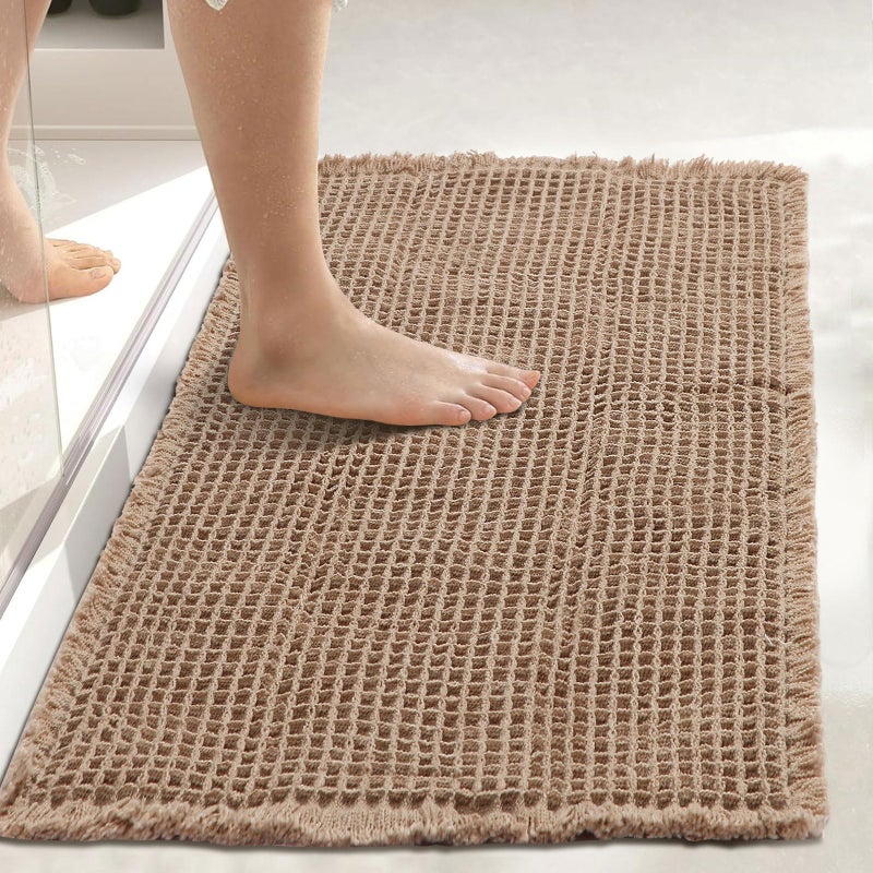 هوغابي حصيرة Hughapy Waffle Bath Pathed Waffle Design Super Extorbbent and Slip-Dististant مع Fringe ومطاط خلفي السجادة غير القابلة للانزلاق في الجهاز (Brown 18 "" × 30 "") - Image 4